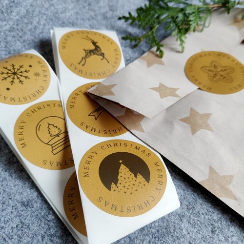 10 runde MERRY CHRISTMAS Aufkleber * Frohe Weihnachten * Braun