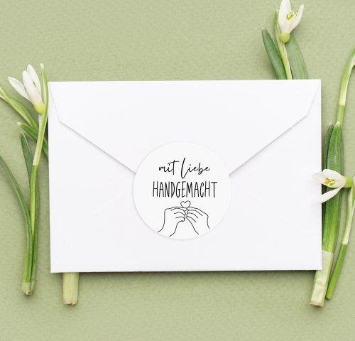 Preview: 10 runde MIT LIEBE HANDGEMACHT Aufkleber * Sticker in weiß