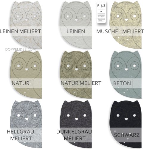 Preview: EULE Filz Deko & Untersetzer / Filzuntersetzer - 50 Farben - Uhu Vogel Tischset - Glasuntersetzer Preview: Eule aus Filz