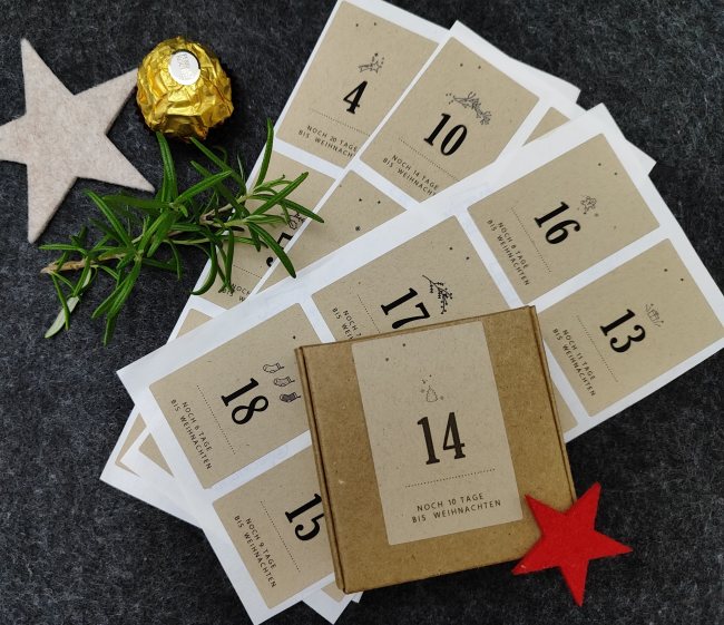 24 Adventskalender Boxen + Kraftpapier Zahlen Sticker /Mini Schachteln zum Selbstbefüllen / DIY Geschenkboxen: edel Geprägt oder Glatt