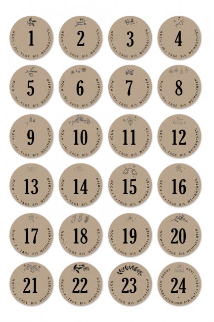 24 Aufkleber - Adventskalender Zahlen - Kraftpapier